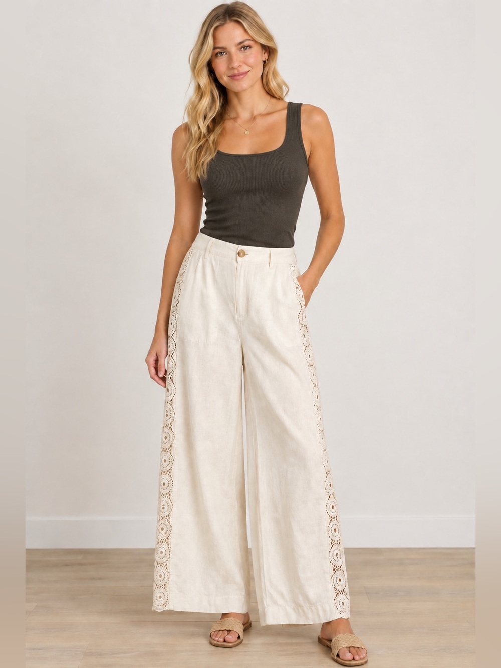VENUS Cream Wide-Leg Pants with Crochet Side Trim Size 8